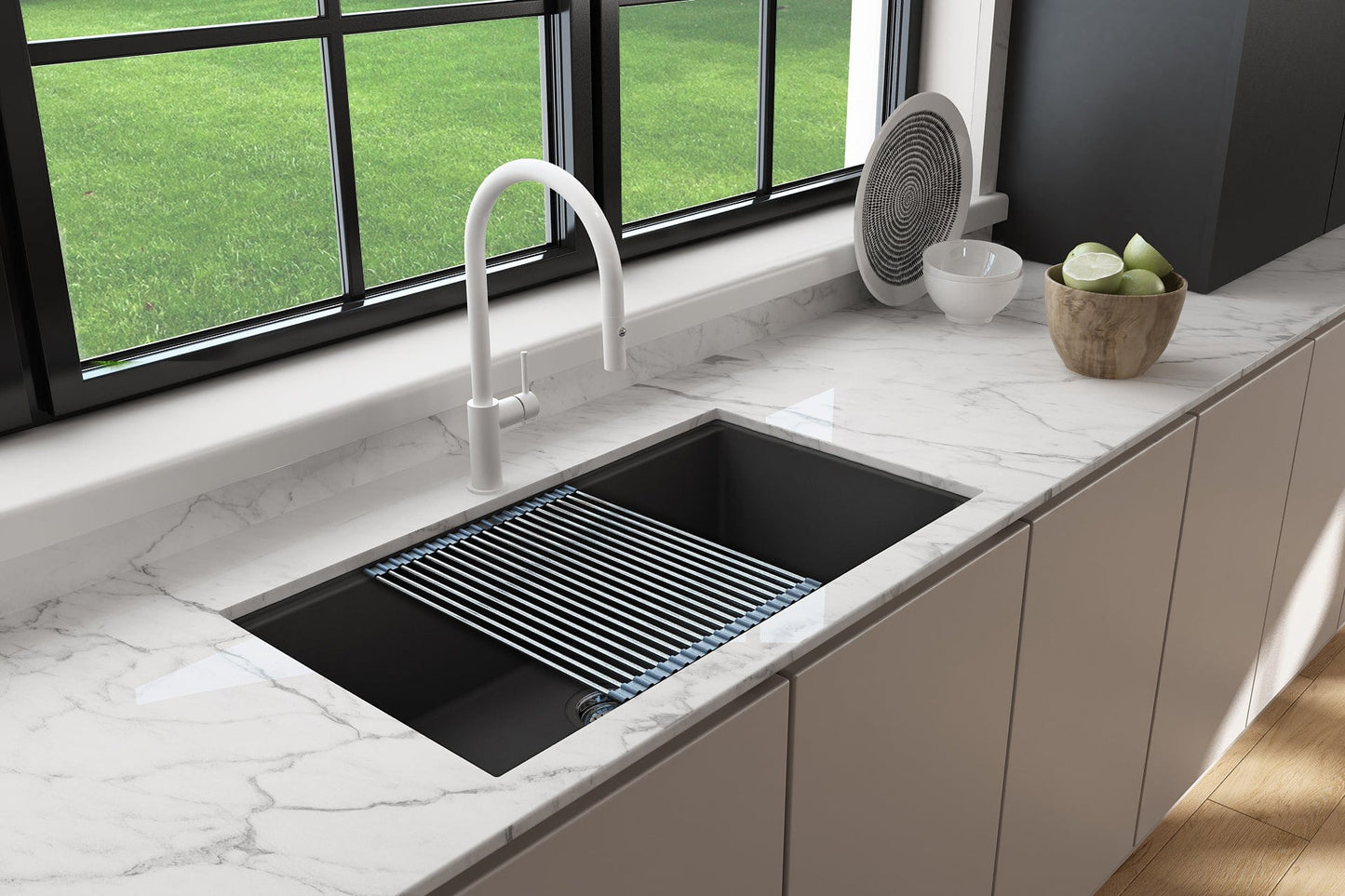 BOCCHI BAVENO LUX 34" Dual-Mount Single Bowl Granite Composite Kitchen Sink with Integrated Workstation and Accessories with Covers showcasing a sleek black design.