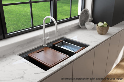 BOCCHI BAVENO LUX 34" Dual-Mount Single Bowl Granite Composite Kitchen Sink with Integrated Workstation and Accessories in concrete gray