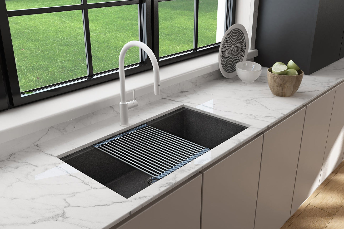 BOCCHI BAVENO LUX 34" Dual-Mount Single Bowl Granite Composite Kitchen Sink with Integrated Workstation and Accessories in black finish with accessories.