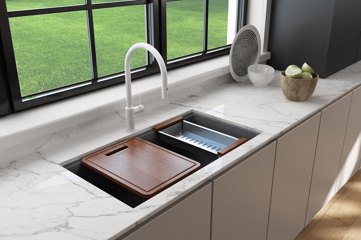BOCCHI BAVENO LUX 34" Dual-Mount Single Bowl Granite Composite Kitchen Sink with Integrated Workstation and Accessories in use with wooden cover.