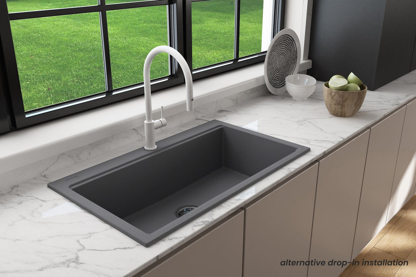 BOCCHI BAVENO LUX 34" Dual-Mount Single Bowl Granite Composite Kitchen Sink with Integrated Workstation and Accessories in grey finish.