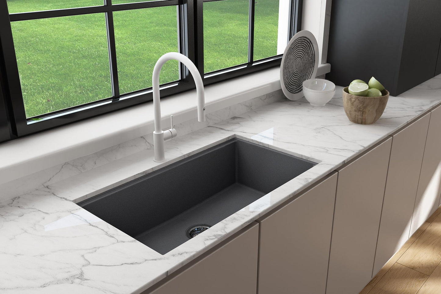 BOCCHI BAVENO LUX 34" Dual-Mount Single Bowl Granite Composite Kitchen Sink with Integrated Workstation and Accessories with Covers in dark finish