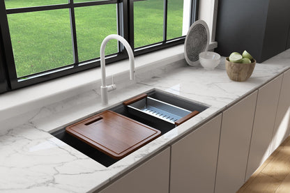 BOCCHI BAVENO LUX 34" Dual-Mount Single Bowl Granite Composite Kitchen Sink with Integrated Workstation and Accessories with Covers, showing left cutting board cover.