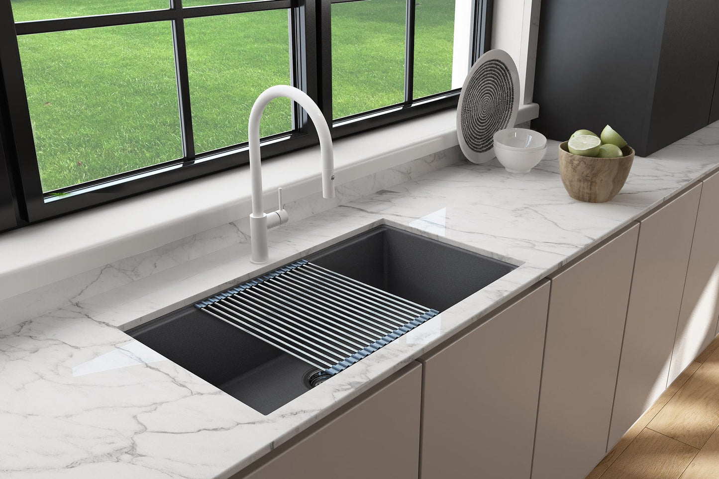 BOCCHI BAVENO LUX 34" Dual-Mount Single Bowl Granite Composite Kitchen Sink with Integrated Workstation and Accessories with Covers, featuring a sleek design with a stainless steel drying rack.