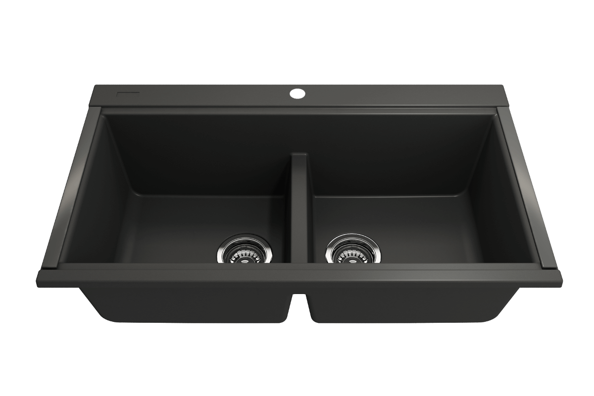 BOCCHI BAVENO LUX 34" Double Bowl Granite Composite Kitchen Sink with Integrated Workstation and Accessories in black finish.