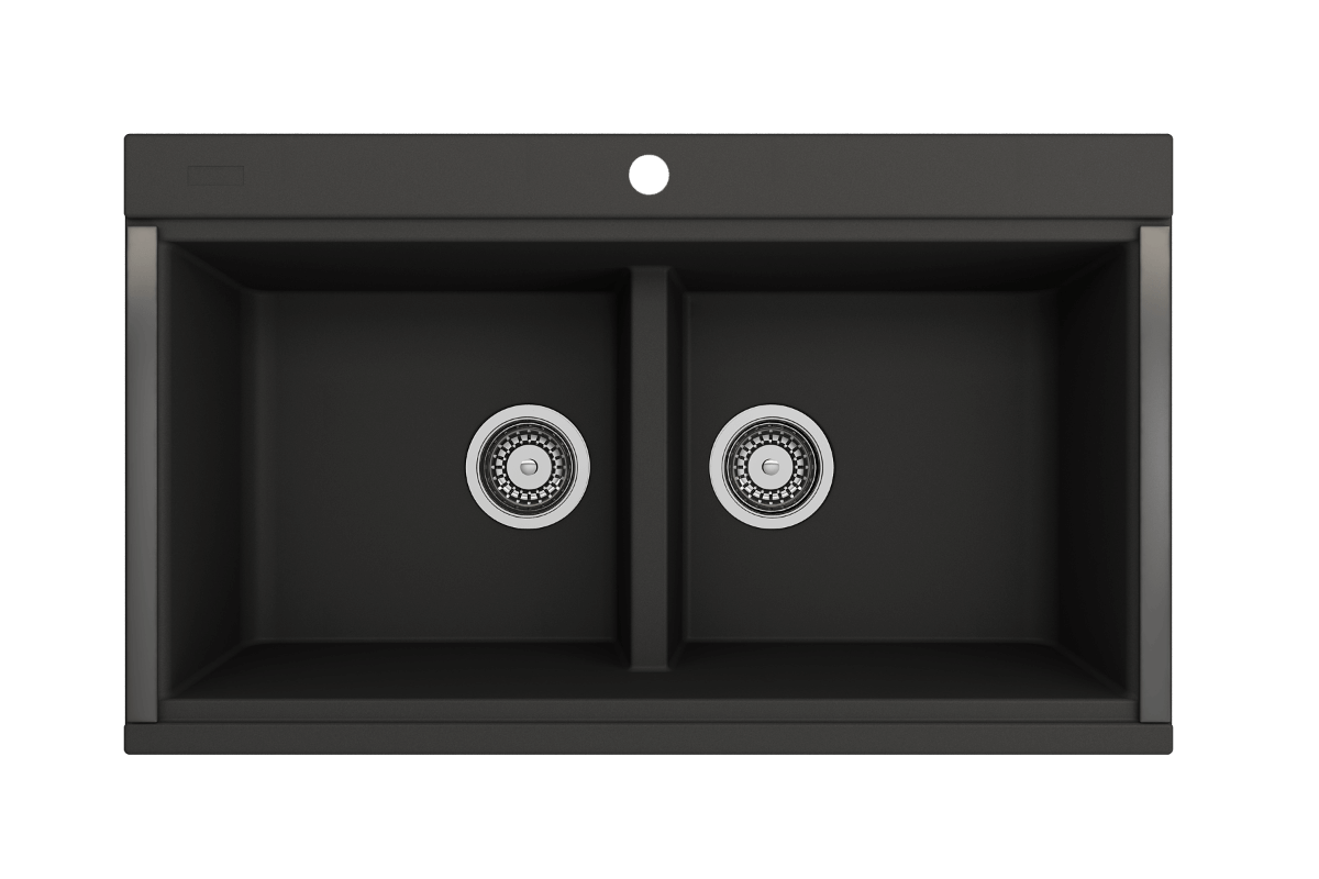BOCCHI BAVENO LUX 34" Double Bowl Granite Composite Kitchen Sink with Integrated Workstation and Accessories in black finish.