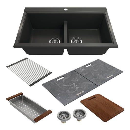 BOCCHI BAVENO LUX 34" Double Bowl Granite Composite Kitchen Sink with Integrated Workstation and Accessories with Covers