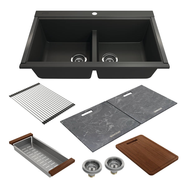 BOCCHI BAVENO LUX 33 Double Bowl Granite Composite Kitchen Sink with Integrated Workstation and Accessories with Covers