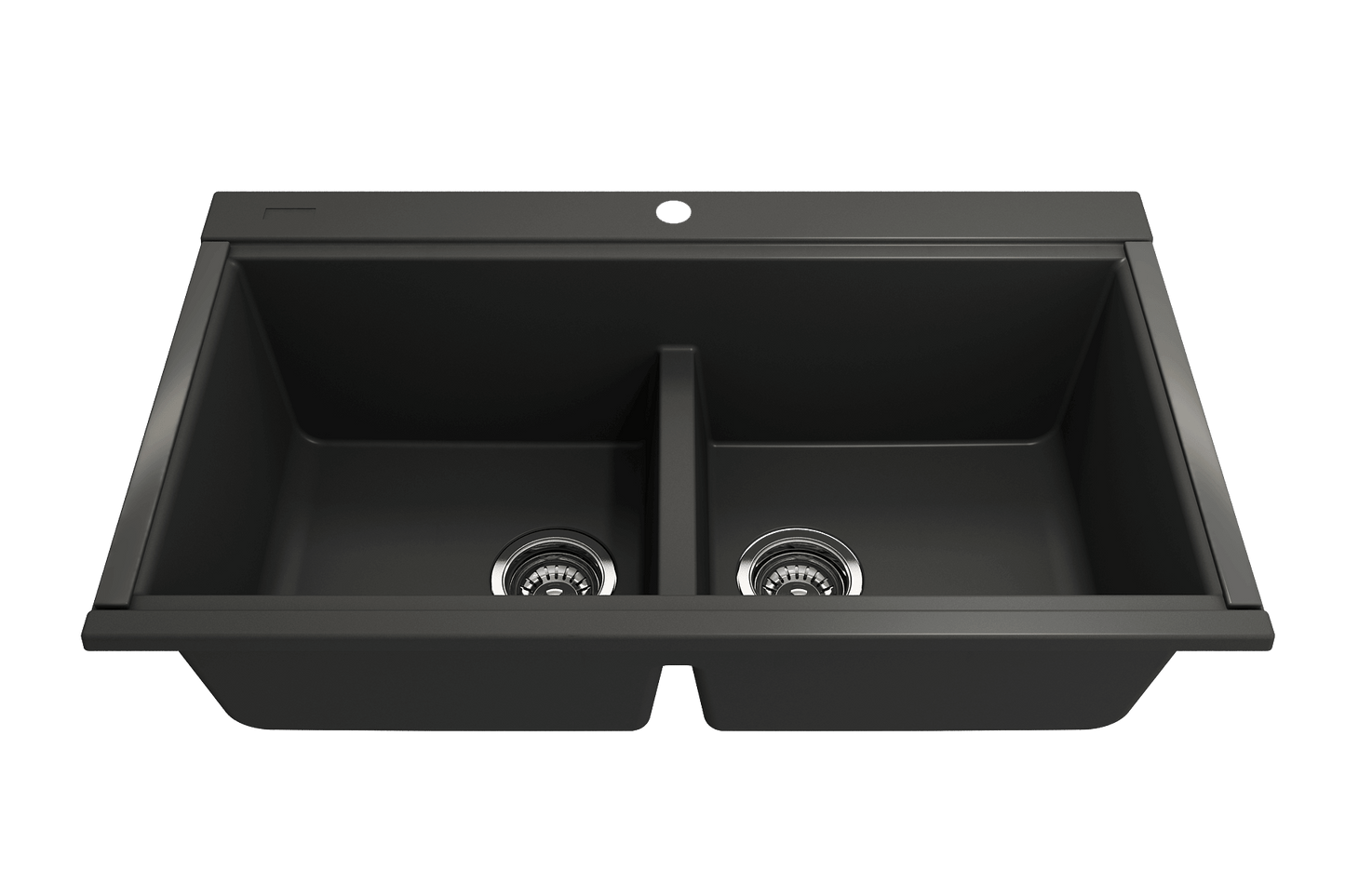 BOCCHI BAVENO LUX 34" Double Bowl Granite Composite Kitchen Sink with Integrated Workstation and Accessories with Covers in black finish.