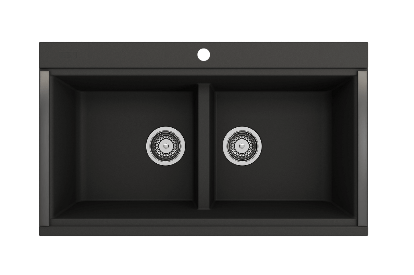 BOCCHI BAVENO LUX 34" Double Bowl Granite Composite Kitchen Sink with Integrated Workstation and Accessories with Covers in black.