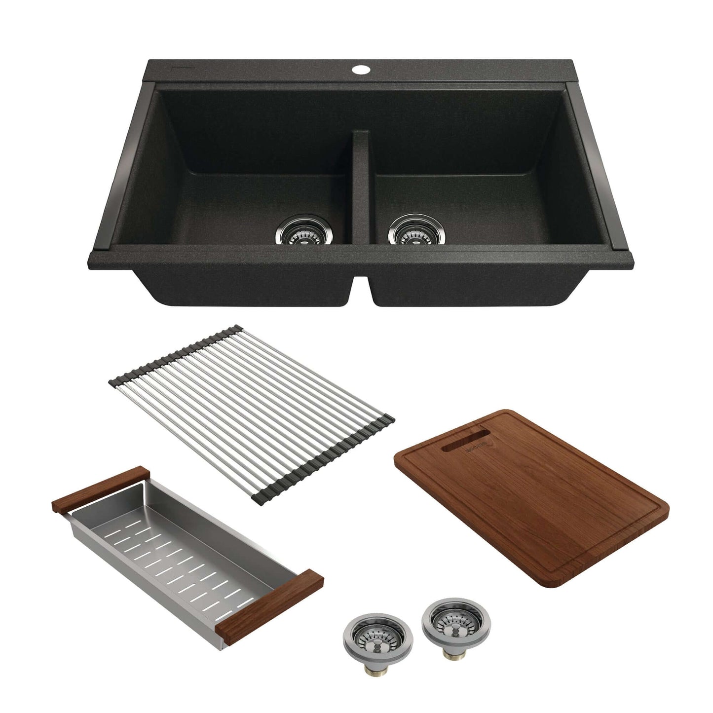 BOCCHI BAVENO LUX 34" Double Bowl Granite Composite Kitchen Sink with Integrated Workstation and Accessories in black finish.