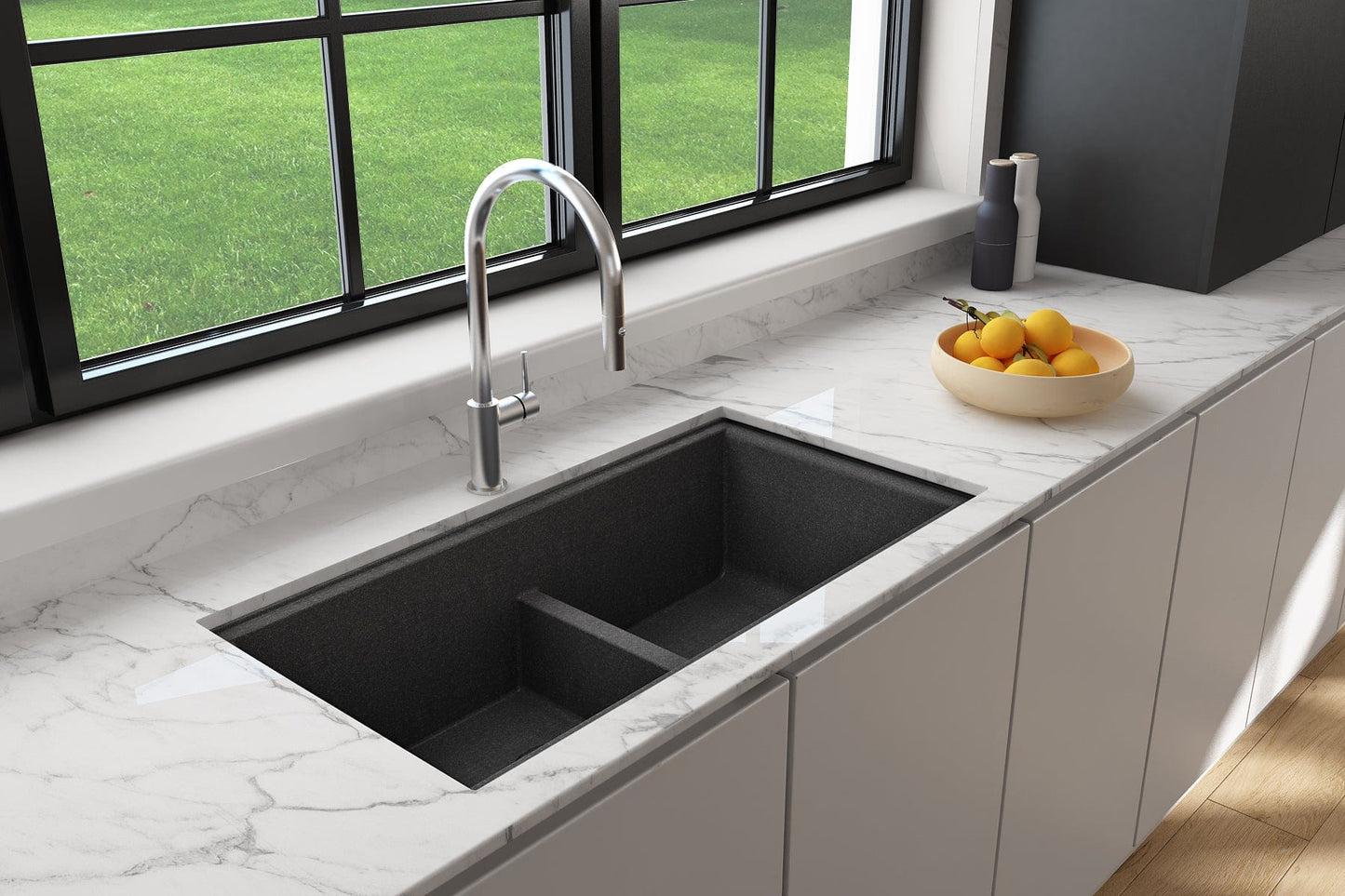 BOCCHI BAVENO LUX 34" Double Bowl Granite Composite Kitchen Sink with Integrated Workstation and Accessories in black finish with modern faucet.