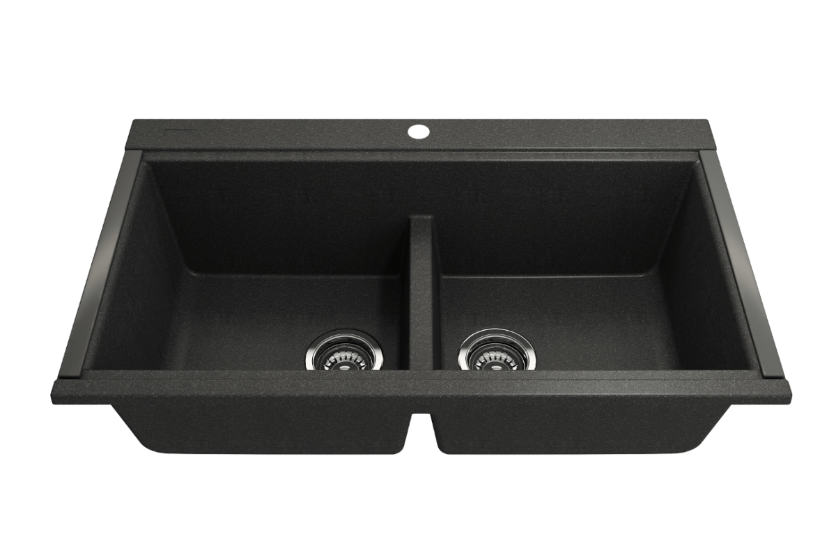 BOCCHI BAVENO LUX 34" Double Bowl Granite Composite Kitchen Sink with Integrated Workstation and Accessories in black finish.