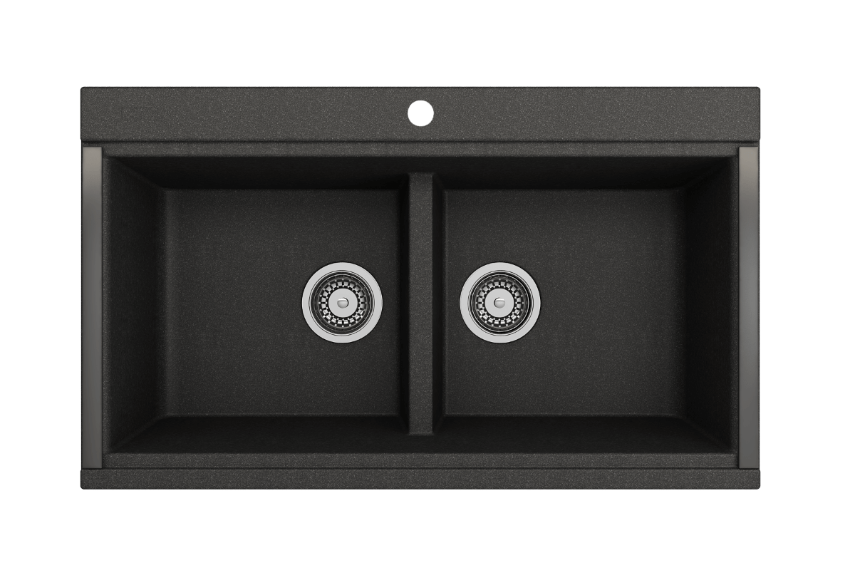 BOCCHI BAVENO LUX 34" Double Bowl Granite Composite Kitchen Sink with Integrated Workstation and Accessories in black finish.