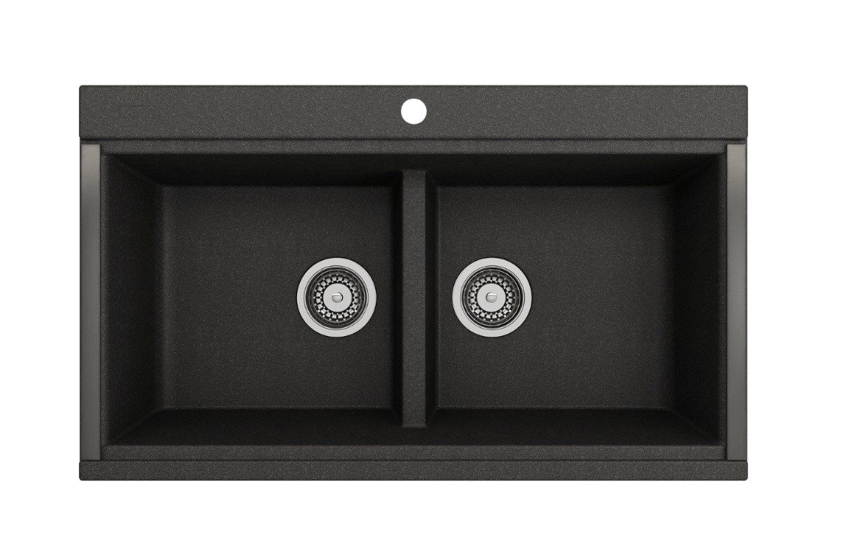 BOCCHI BAVENO LUX 34" Double Bowl Granite Composite Kitchen Sink with Integrated Workstation and Accessories with Covers in Metallic Black