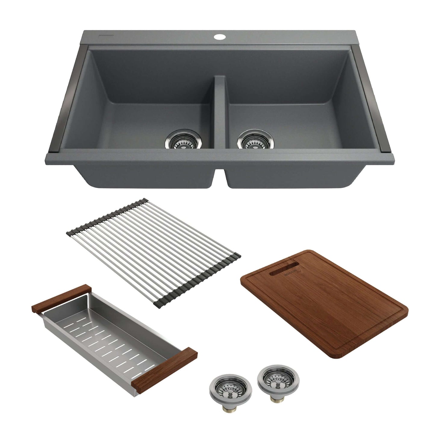 BOCCHI BAVENO LUX 34" Double Bowl Granite Composite Kitchen Sink with Integrated Workstation and Accessories in gray with wooden accessories.