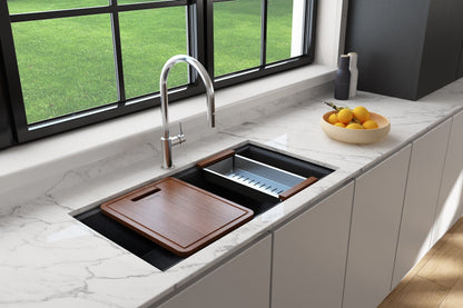 BOCCHI BAVENO LUX 34" Double Bowl Granite Composite Kitchen Sink with Integrated Workstation and Accessories in Concrete Gray with accessories.