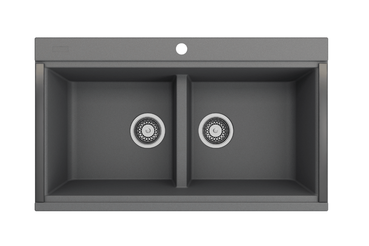 BOCCHI BAVENO LUX 34" Double Bowl Granite Composite Kitchen Sink with Integrated Workstation and Accessories in gray finish.