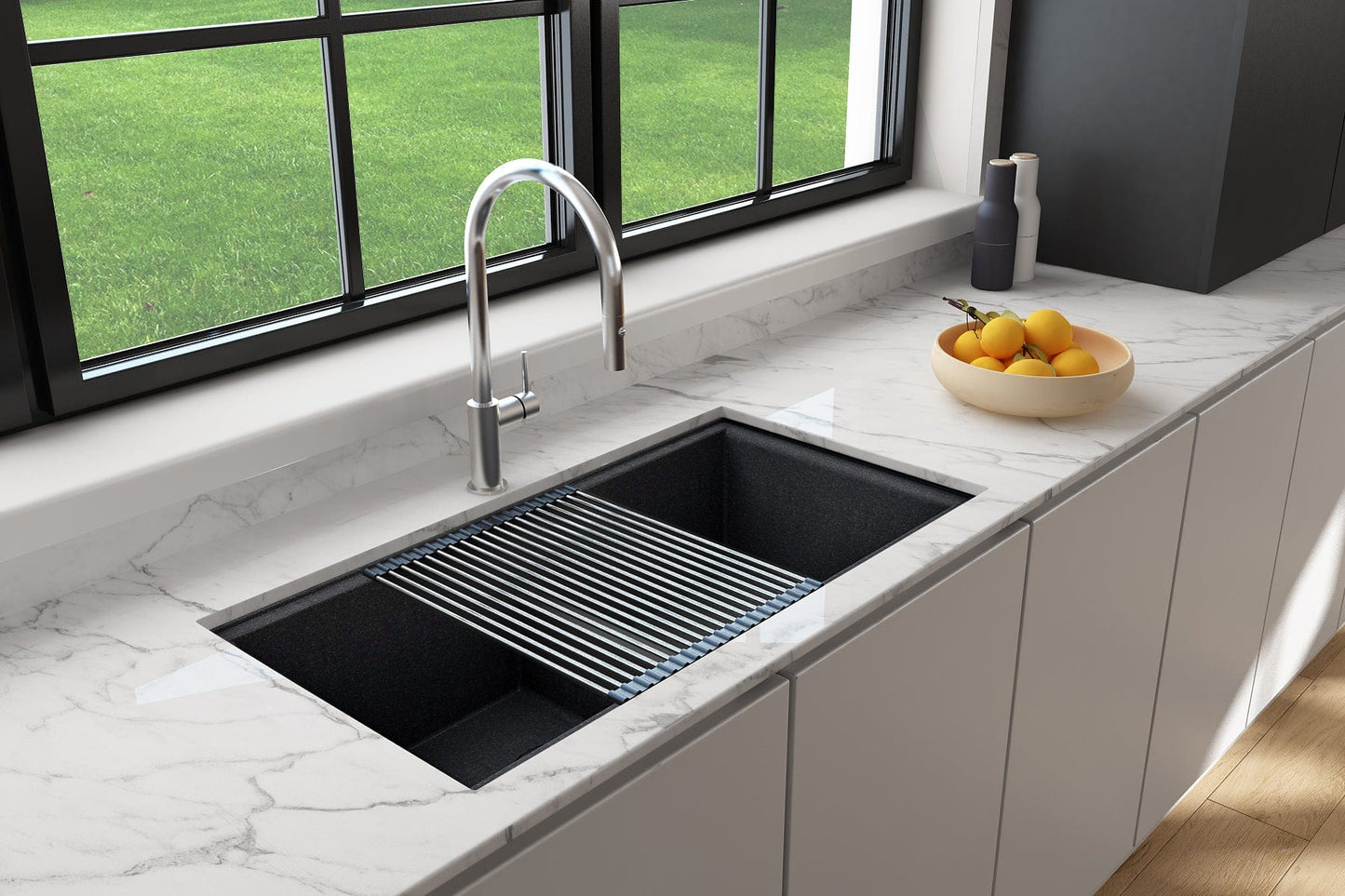 BOCCHI BAVENO LUX 34" Double Bowl Granite Composite Kitchen Sink with Integrated Workstation and Accessories with Covers featuring a roller mat.