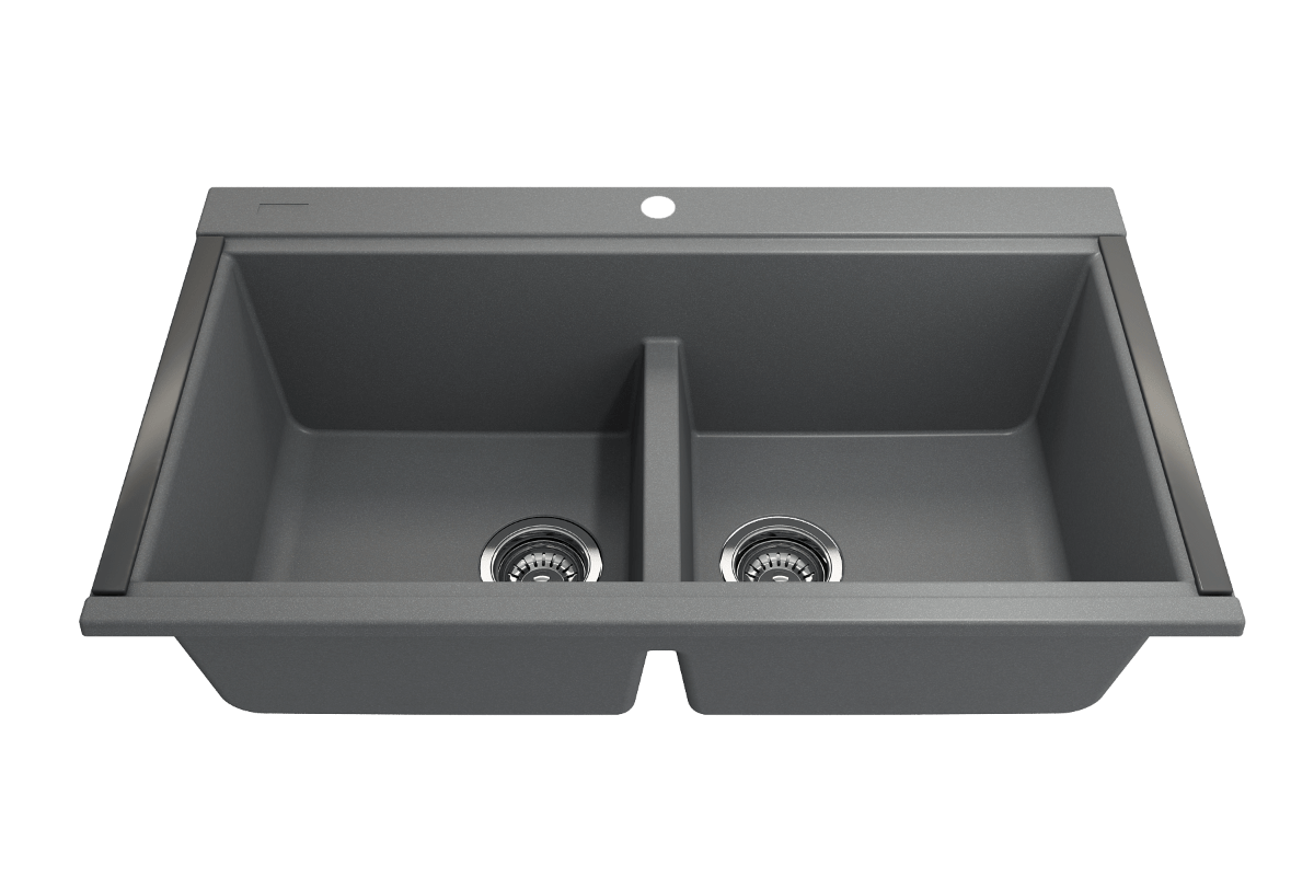 BOCCHI BAVENO LUX 34" Double Bowl Granite Composite Kitchen Sink with Integrated Workstation and Accessories with Covers in gray.