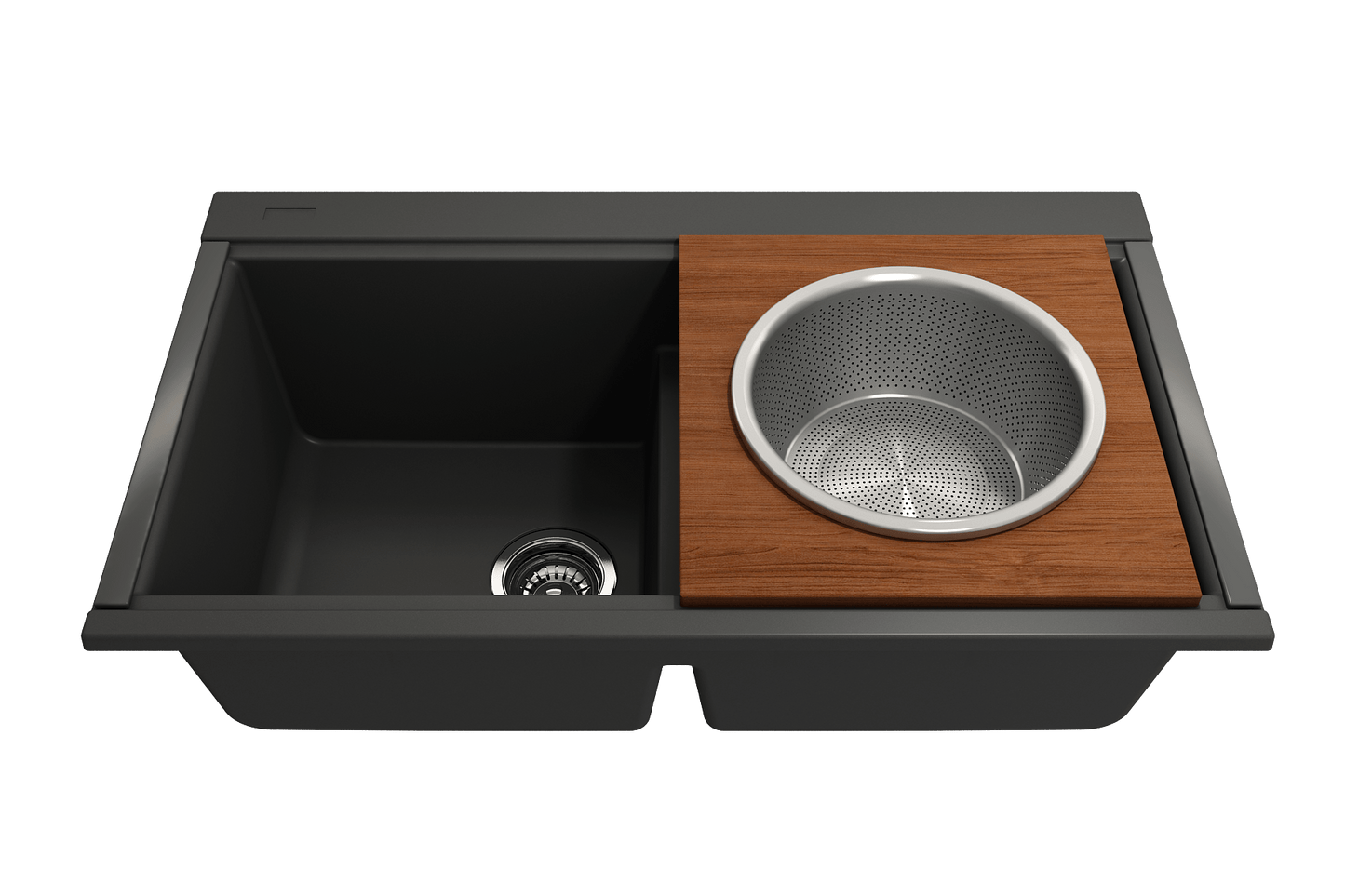 BOCCHI Wood Board with Large Stainless Steel Mixing Bowl & Colander - 2320 0014 in a sink setup