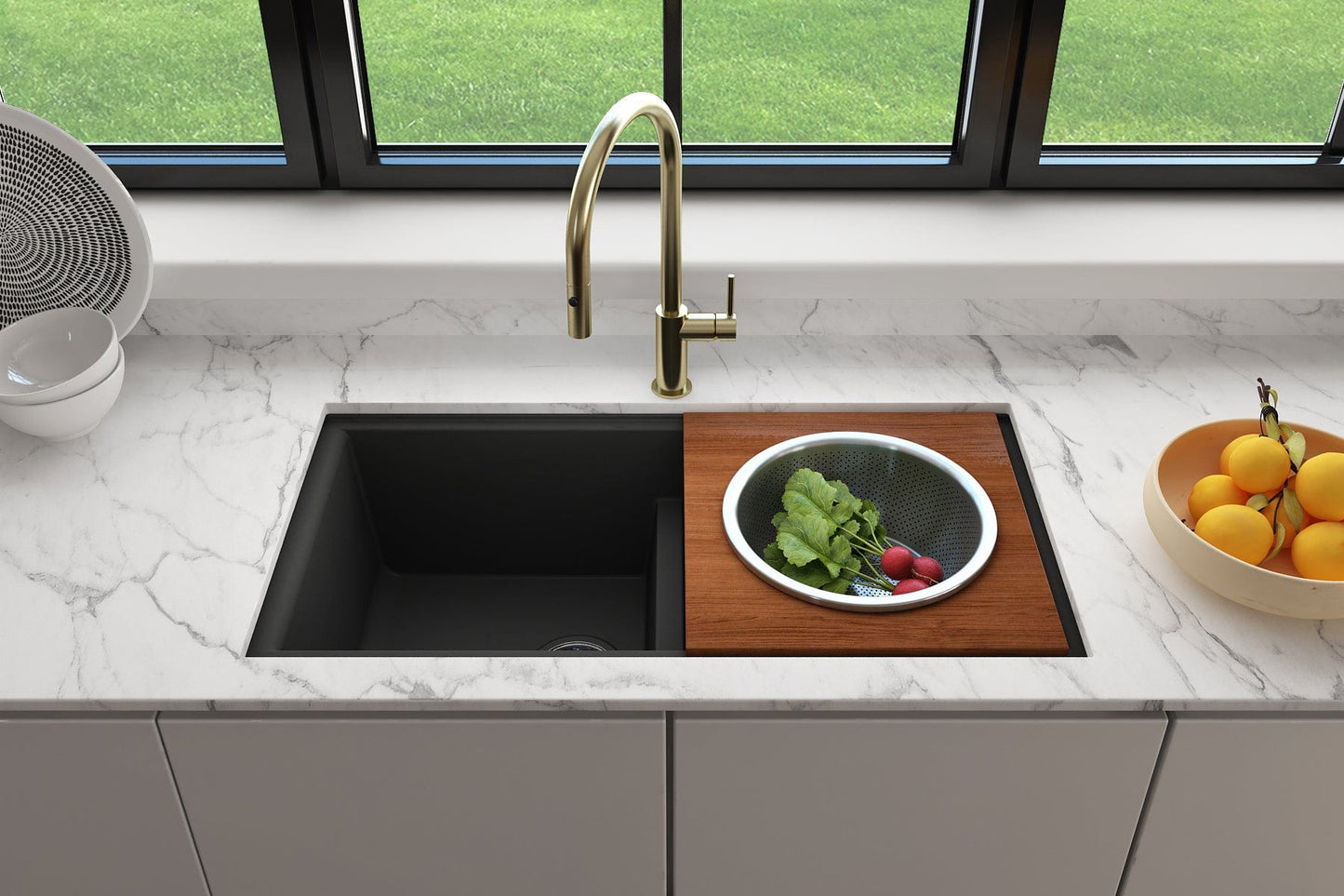 BOCCHI Wood Board with Large Stainless Steel Mixing Bowl & Colander - 2320 0014 placed in modern kitchen sink with fresh vegetables.