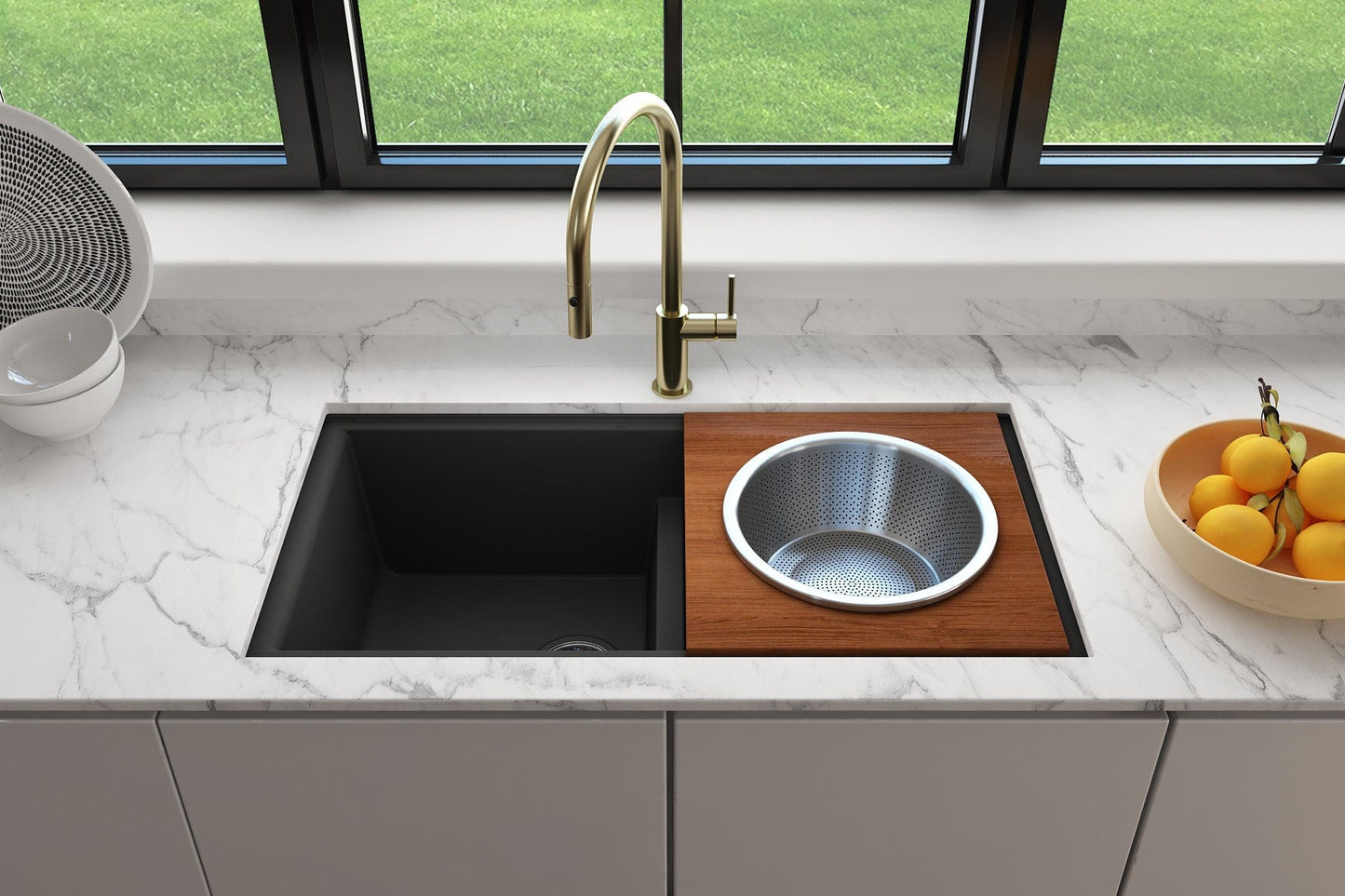 BOCCHI Wood Board with Large Stainless Steel Mixing Bowl & Colander - 2320 0014 in modern kitchen sink setup.