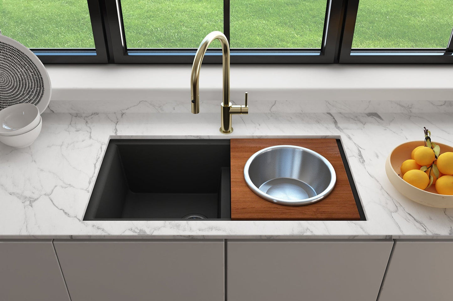 BOCCHI Wood Board with Large Stainless Steel Mixing Bowl & Colander - 2320 0014 placed in a modern kitchen sink.