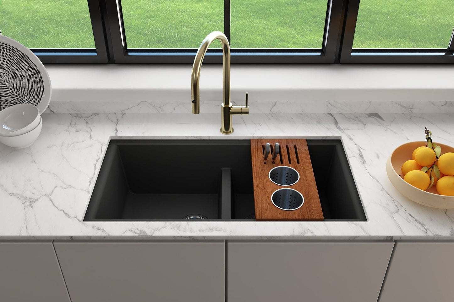 BOCCHI Workstation Prep Board Set - 2 Round Stainless Steel Colanders & Knife Holder 2320 0008 displayed in a modern kitchen sink.