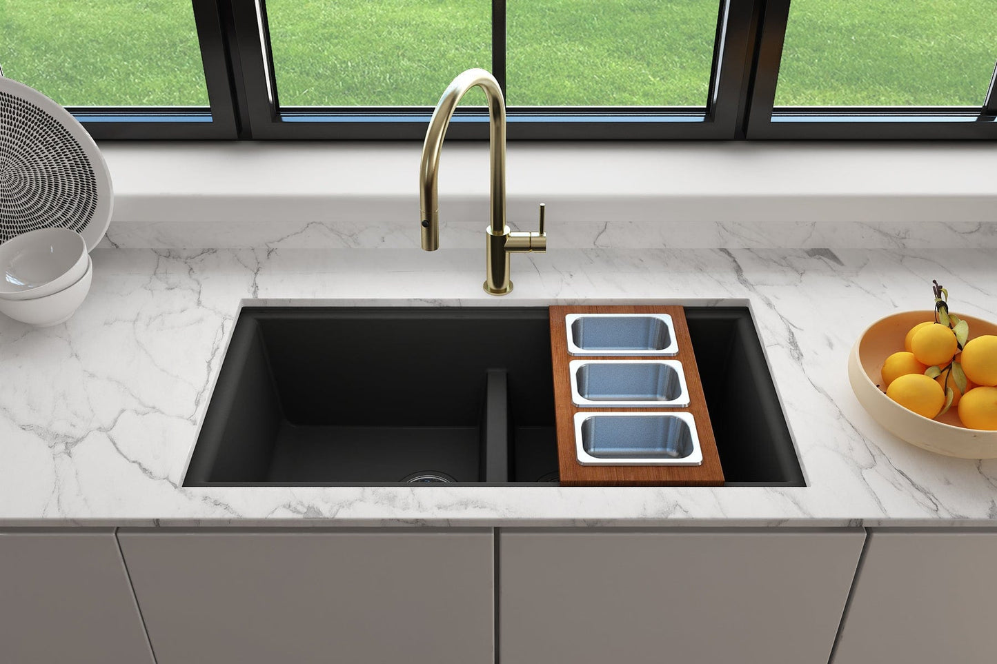 Bocchi Wood Board for Workstation Sinks - with 3 Rectangular SS Bowls - 2320 0012 in a modern kitchen setup.