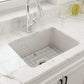 BOCCHI SOTTO 24" Fireclay Dual-Mount Single Bowl Sink with Bottom Grid & Strainer on a marble countertop
