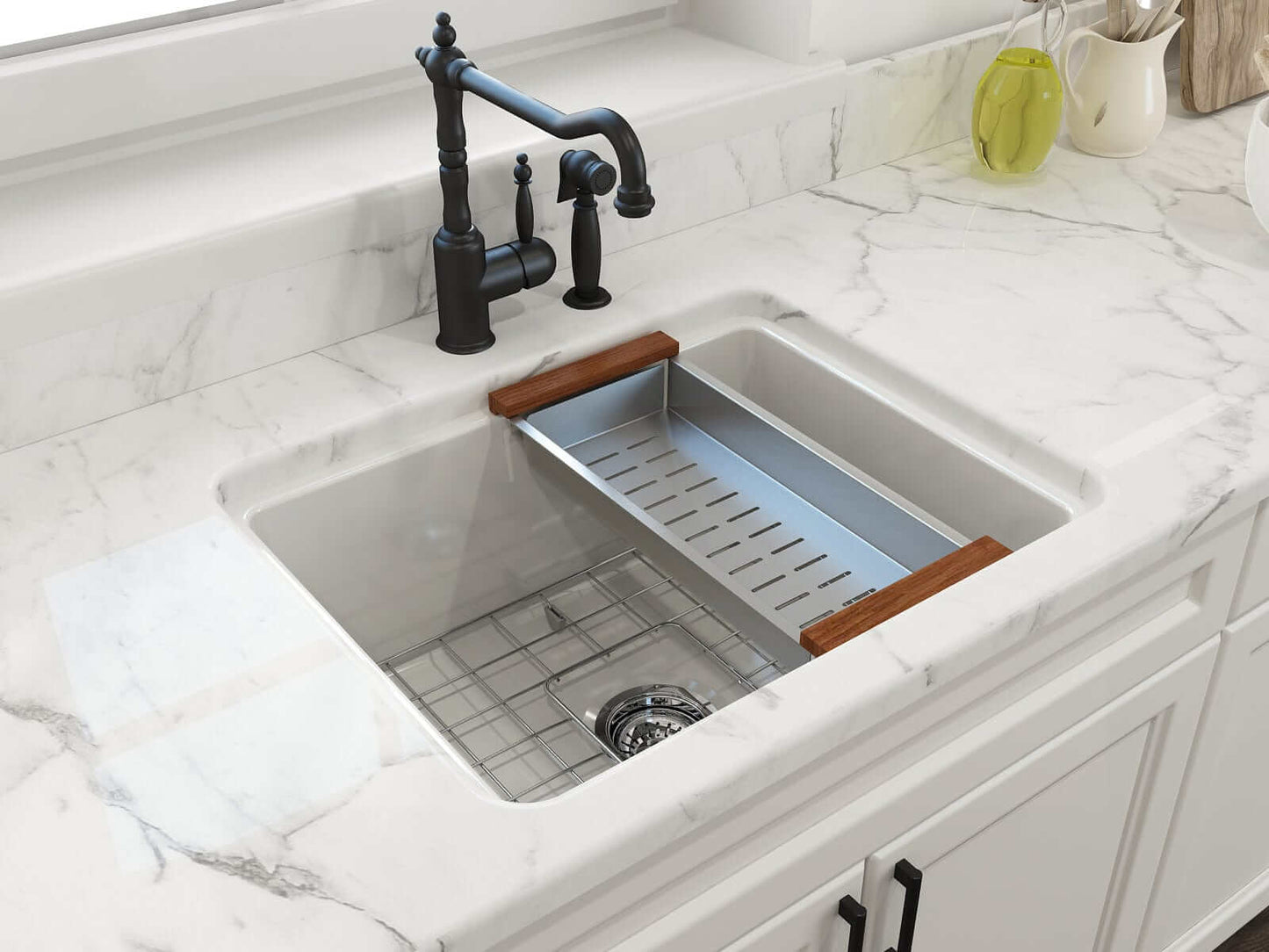 BOCCHI SOTTO 24" Fireclay Dual-Mount Single Bowl Sink with Bottom Grid & Strainer in a modern kitchen countertop setting.