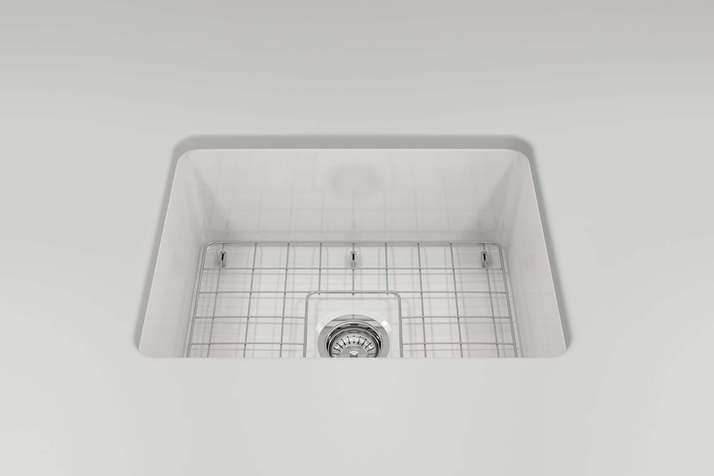 BOCCHI SOTTO 24" Fireclay Dual-Mount Single Bowl Sink with Bottom Grid & Strainer, top view of white fireclay sink with grid.
