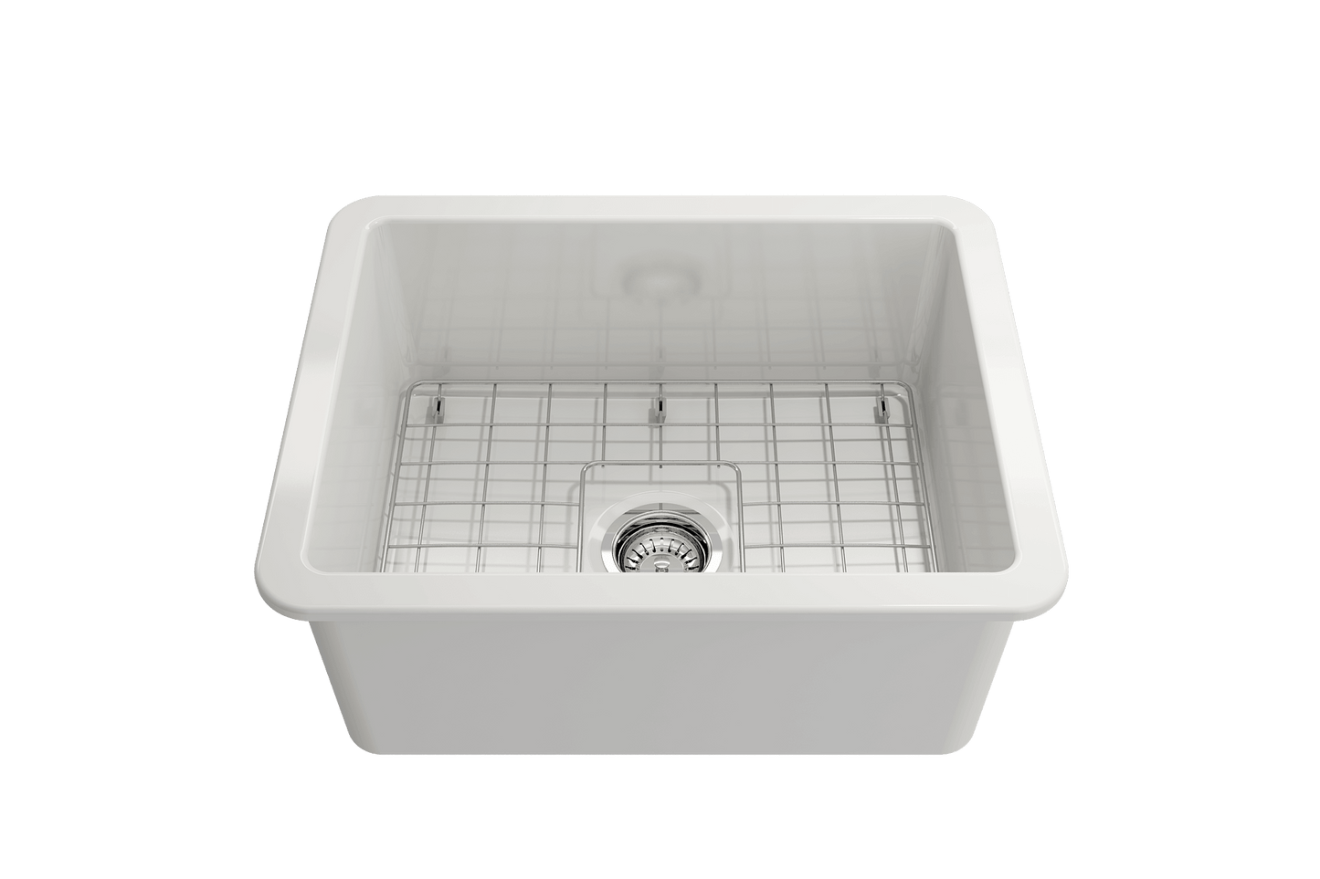 BOCCHI SOTTO 24" Fireclay Dual-Mount Single Bowl Sink with Bottom Grid & Strainer in white with stainless steel grid.