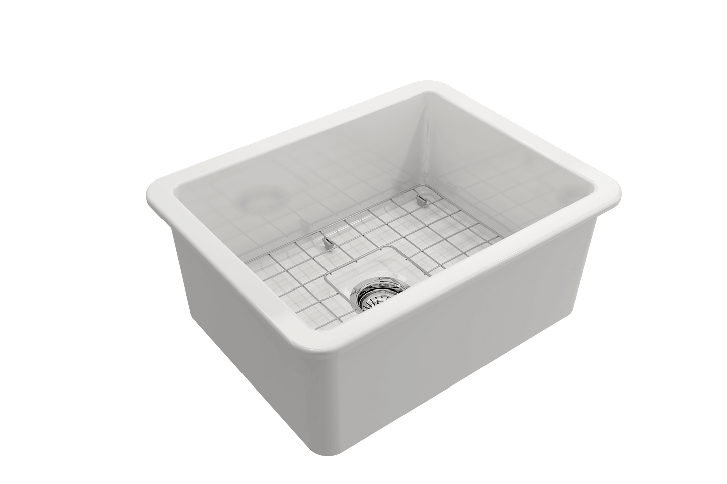 BOCCHI SOTTO 24" Fireclay Dual-Mount Single Bowl Sink with Bottom Grid & Strainer in pristine white finish, showcasing handcrafted design.