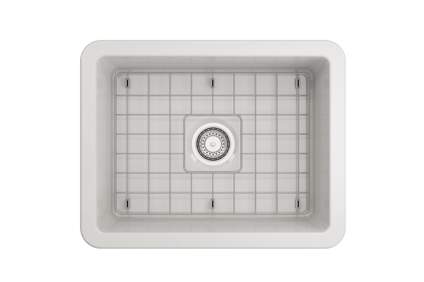 BOCCHI SOTTO 24" Fireclay Dual-Mount Single Bowl Sink with Bottom Grid & Strainer in white with stainless steel grid.