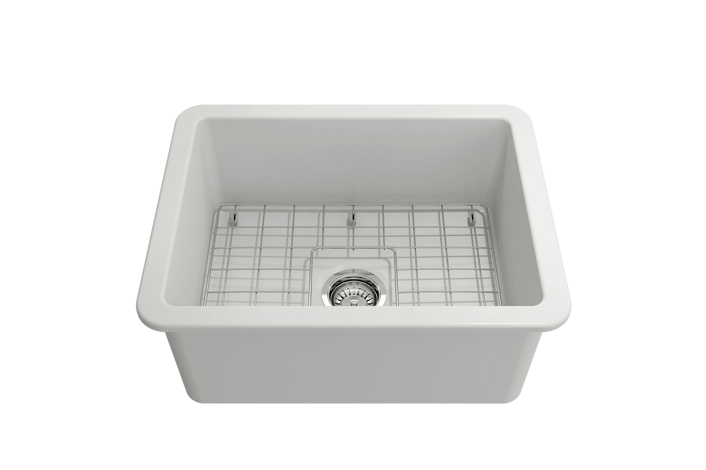 BOCCHI SOTTO 24" Fireclay Dual-Mount Single Bowl Sink with Bottom Grid & Strainer in white finish with metal strainer.