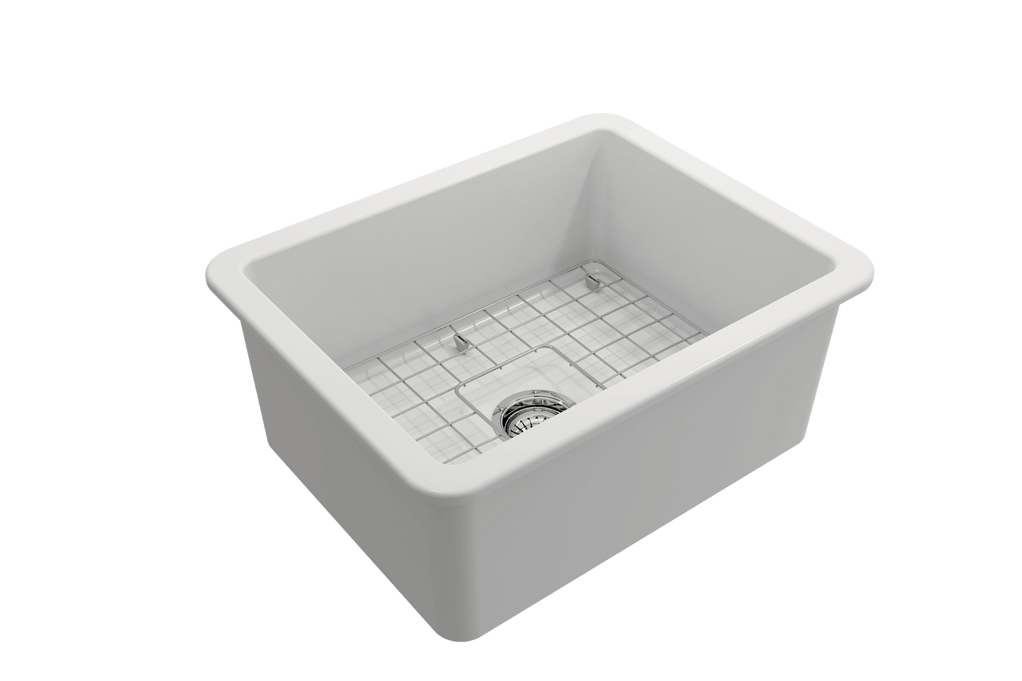 BOCCHI SOTTO 24" Fireclay Dual-Mount Single Bowl Sink with Bottom Grid & Strainer, white finish.