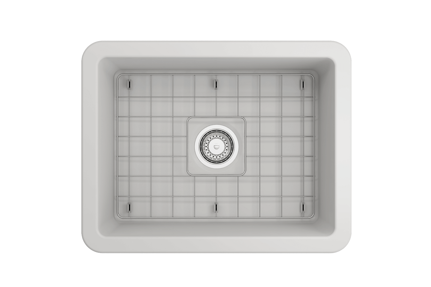 BOCCHI SOTTO 24" Fireclay Dual-Mount Single Bowl Sink with Bottom Grid & Strainer - Top view with silver grid.