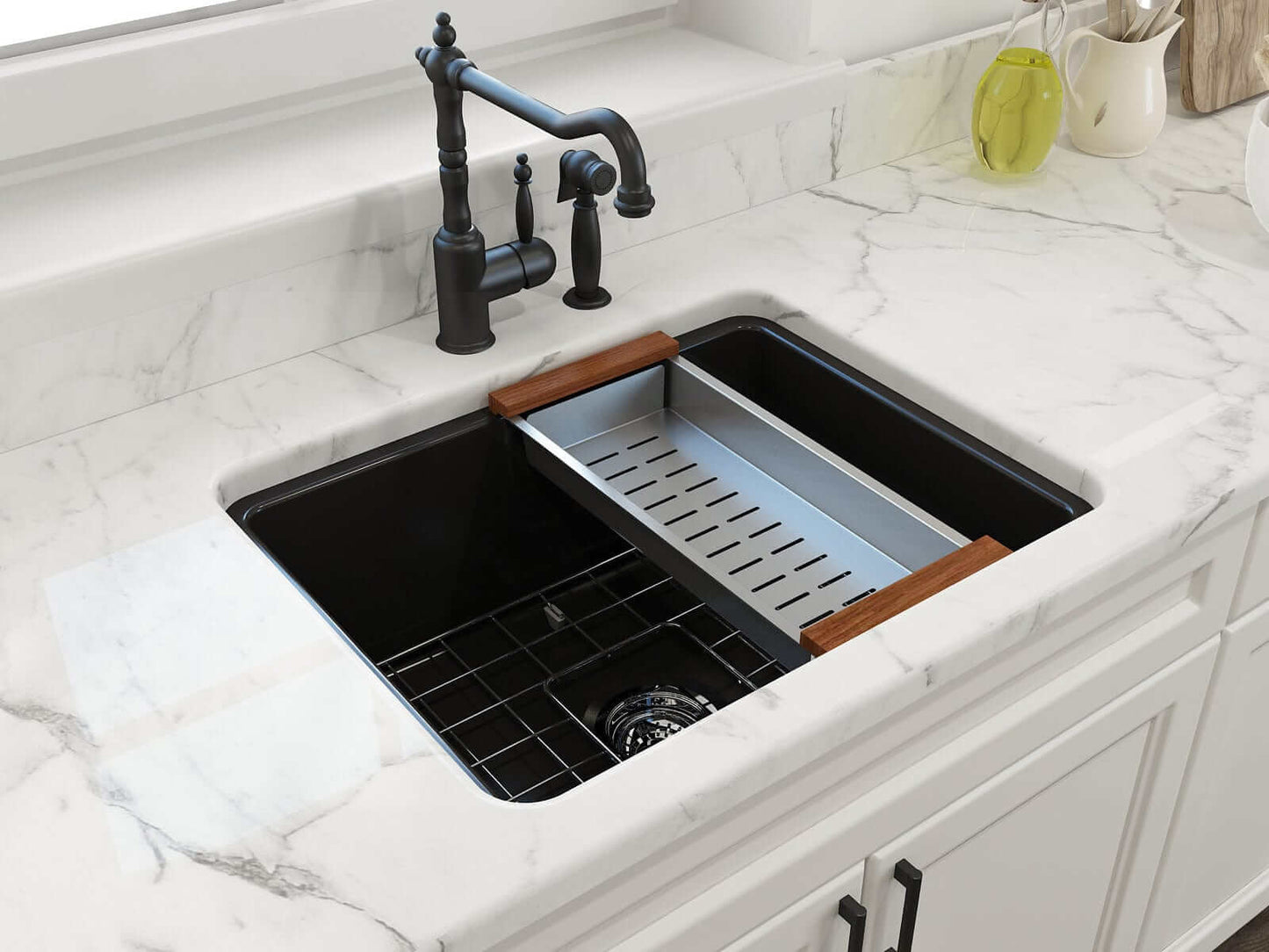 BOCCHI SOTTO 24" Fireclay Dual-Mount Single Bowl Sink with Bottom Grid & Strainer on marble countertop with black faucet.