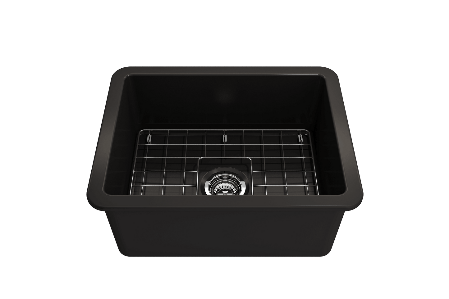 BOCCHI SOTTO 24" Fireclay Dual-Mount Single Bowl Sink with Bottom Grid & Strainer in sleek black finish.