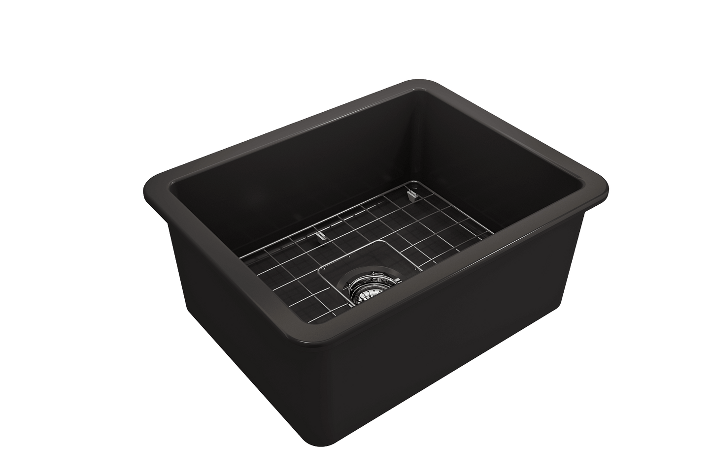 BOCCHI SOTTO 24" Fireclay Dual-Mount Single Bowl Sink with Bottom Grid & Strainer in sleek black finish.