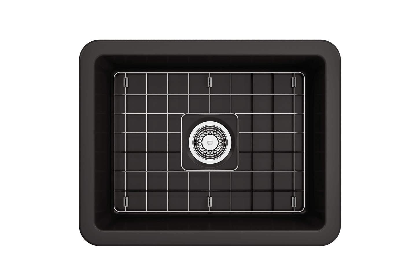 BOCCHI SOTTO 24" Fireclay Dual-Mount Single Bowl Sink with Bottom Grid & Strainer in black finish, top view image.