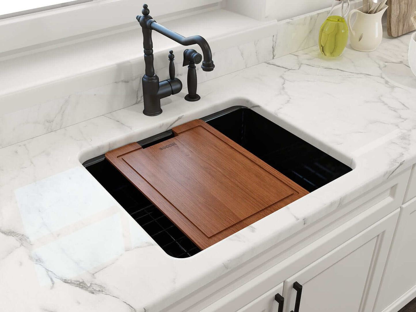 BOCCHI SOTTO 24" Fireclay Dual-Mount Single Bowl Sink with Bottom Grid & Strainer in a stylish kitchen with a wood cutting board.