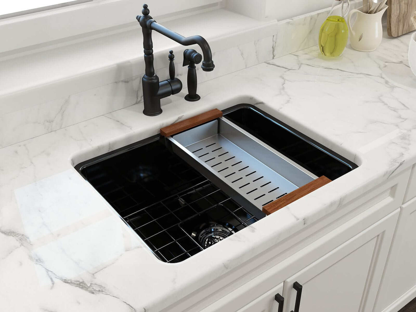 BOCCHI SOTTO 24" Fireclay Dual-Mount Single Bowl Sink with Bottom Grid & Strainer displayed in a modern kitchen.