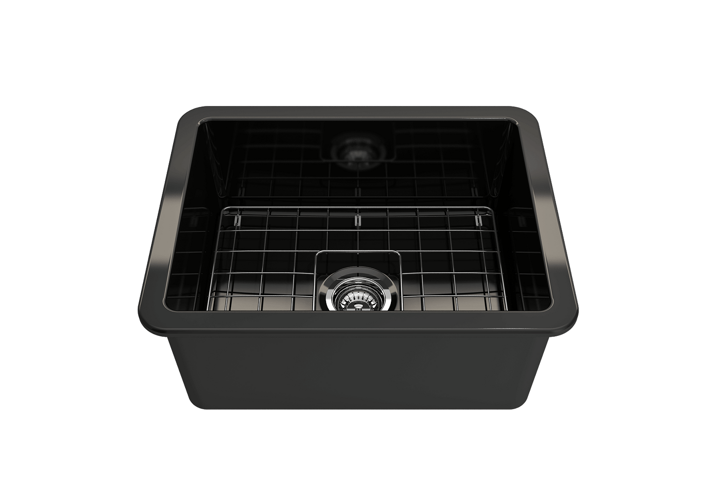 BOCCHI SOTTO 24" Fireclay Dual-Mount Single Bowl Sink with Bottom Grid & Strainer in sleek black finish