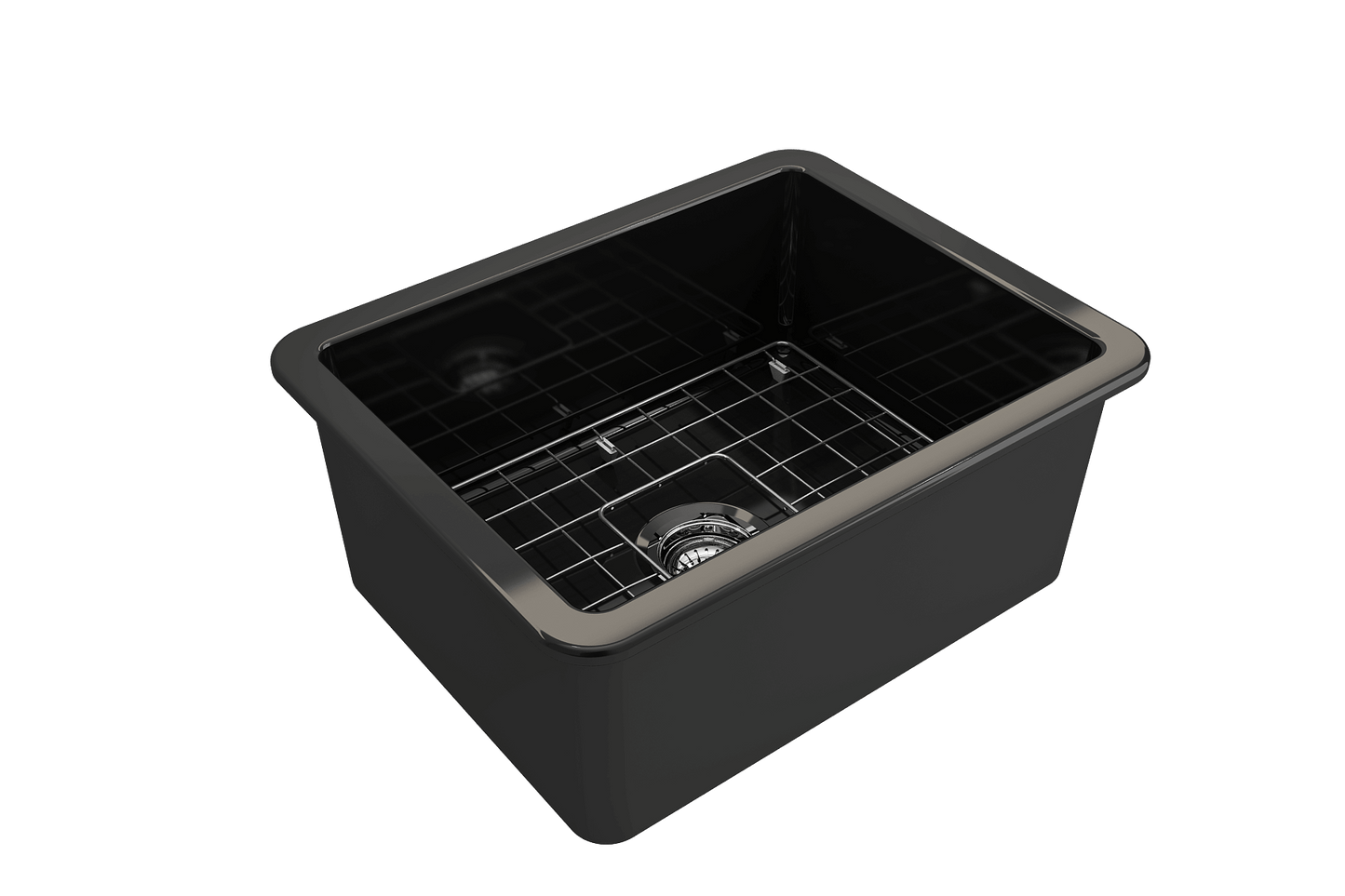 BOCCHI SOTTO 24" Fireclay Dual-Mount Single Bowl Sink with Bottom Grid & Strainer in elegant black with stainless steel accents.