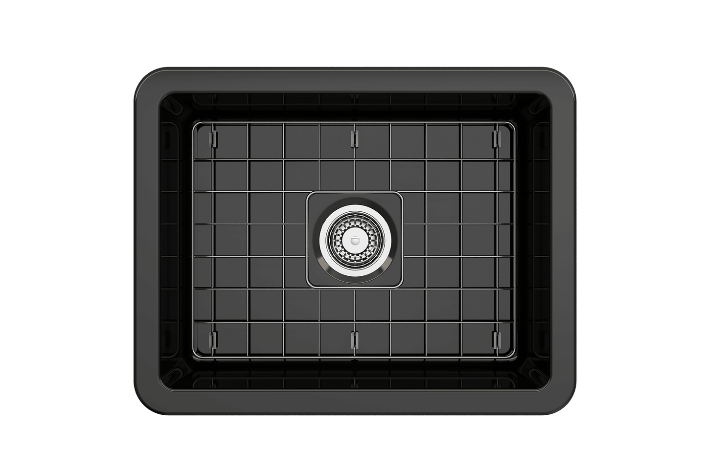 BOCCHI SOTTO 24" Fireclay Dual-Mount Single Bowl Sink with Bottom Grid & Strainer in black finish.