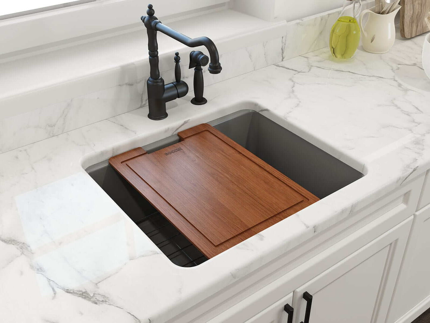 BOCCHI SOTTO 24" Fireclay Dual-Mount Single Bowl Sink with Bottom Grid & Strainer featuring a wooden cutting board.