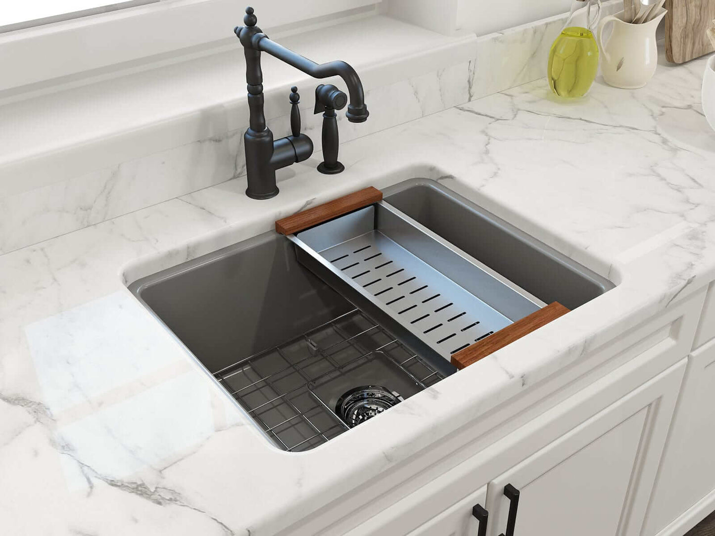 BOCCHI SOTTO 24" Fireclay Dual-Mount Single Bowl Sink with Bottom Grid & Strainer showcasing a versatile kitchen sink design.